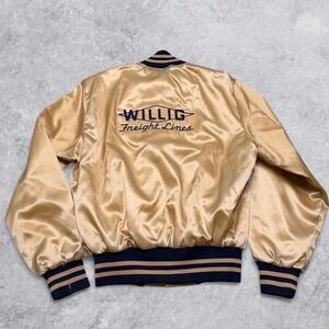 Vintage 80s Holloway Willig Freight Lines Satin Bomber Jacket Gold Tan Mens M